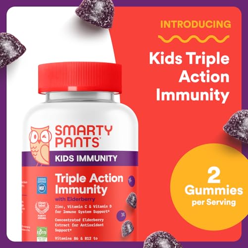 Image of SmartyPants Kids Immunity Elderberry Gummies: Kids Immune Support Supplement, Vitamin C, Vitamin D, Vitamins B6 & B12 and Zinc, Gluten Free, Elderberry Flavor, 60 Count (30 Day Supply) (Pack of 2)
