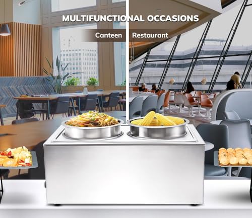 Image of SYBO Food Warmer Steam Table Easy to Clean Commercial Grade Stainless Steel Bain Marie Buffet for Catering and Restaurants ETL, CE ROHS Certified for Commercial, Safety (2 Round Pots with Tap)