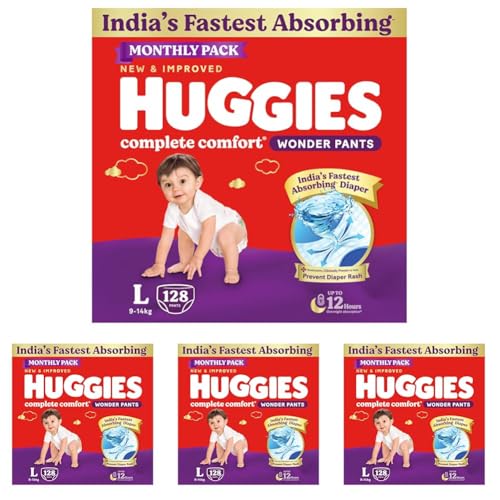 Image of Huggies Complete Comfort Wonder Pants | Pant Style Baby Diapers Large Size (L), 128 Count | India's Fastest Absorbing Diaper, Patented Dry Xpert Channel, Ideal for 9 to 14 Kgs (64 Count, Pack of 8)