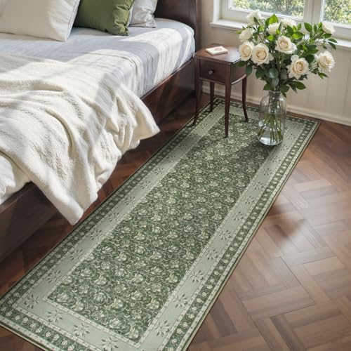 Image of Lahome Green Washable Runner Rug, Low Plie Soft 2x6 Runner Rug Non Slip Kitchen Runner, Vintage Floral Carpet Runners for Bedroom Entryway Bathroom (2'x6', Green)