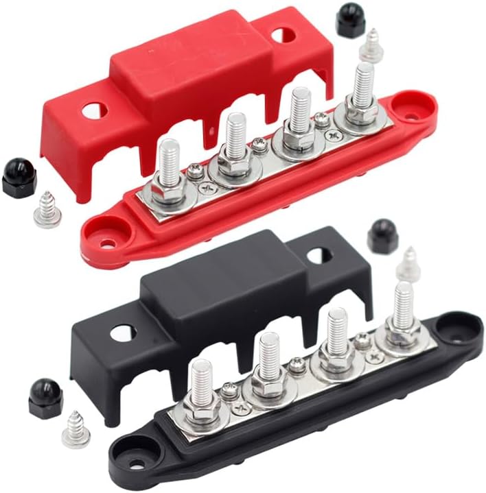 4 Post 3/8"" Power Distribution Block Bus Bar with Cover - MAX 48VDC/300VAC 250 Amp Rating - Marine, Automotive, and Solar Wiring - (Set of 2, Red & Black), M10 - 2 Pack