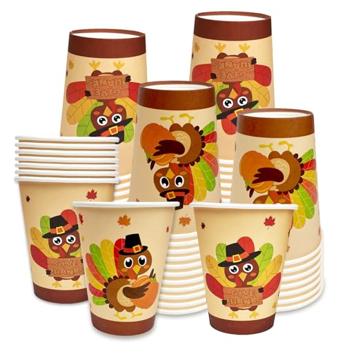 YQUQWN 30 PCS Thanksgiving Paper Cups 12 oz Disposable Turkey Drinking Cups for Fall Friendsgiving Table Decor Thanksgiving Party Decorations Hot Cold Drinks Coffee Party Supplies