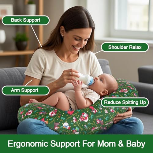 Image of x-vesolje Nursing Pillow, Breastfeeding Pillow with Removable Cover, Ergonomic Breast Feeding Pillow, Baby Feeding Support Pillow for Mom Easier Breastfeeding- Original Size /Christmas