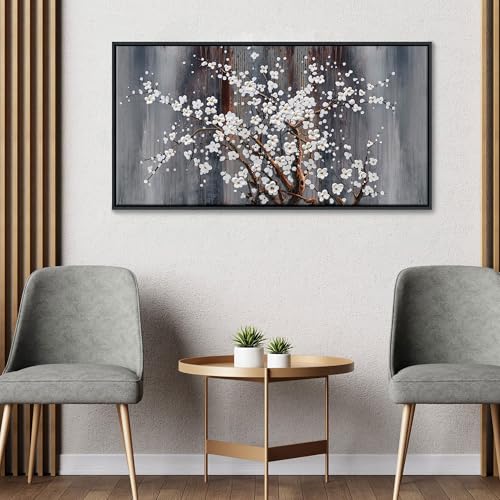 Image of Wall Art for Living Room Large Modern Wall Decor Canvas Paintings for Wall Decorations White Flower Brown Bedroom Office Artwork Plum Blossom Art Prints Framed 20x40IN