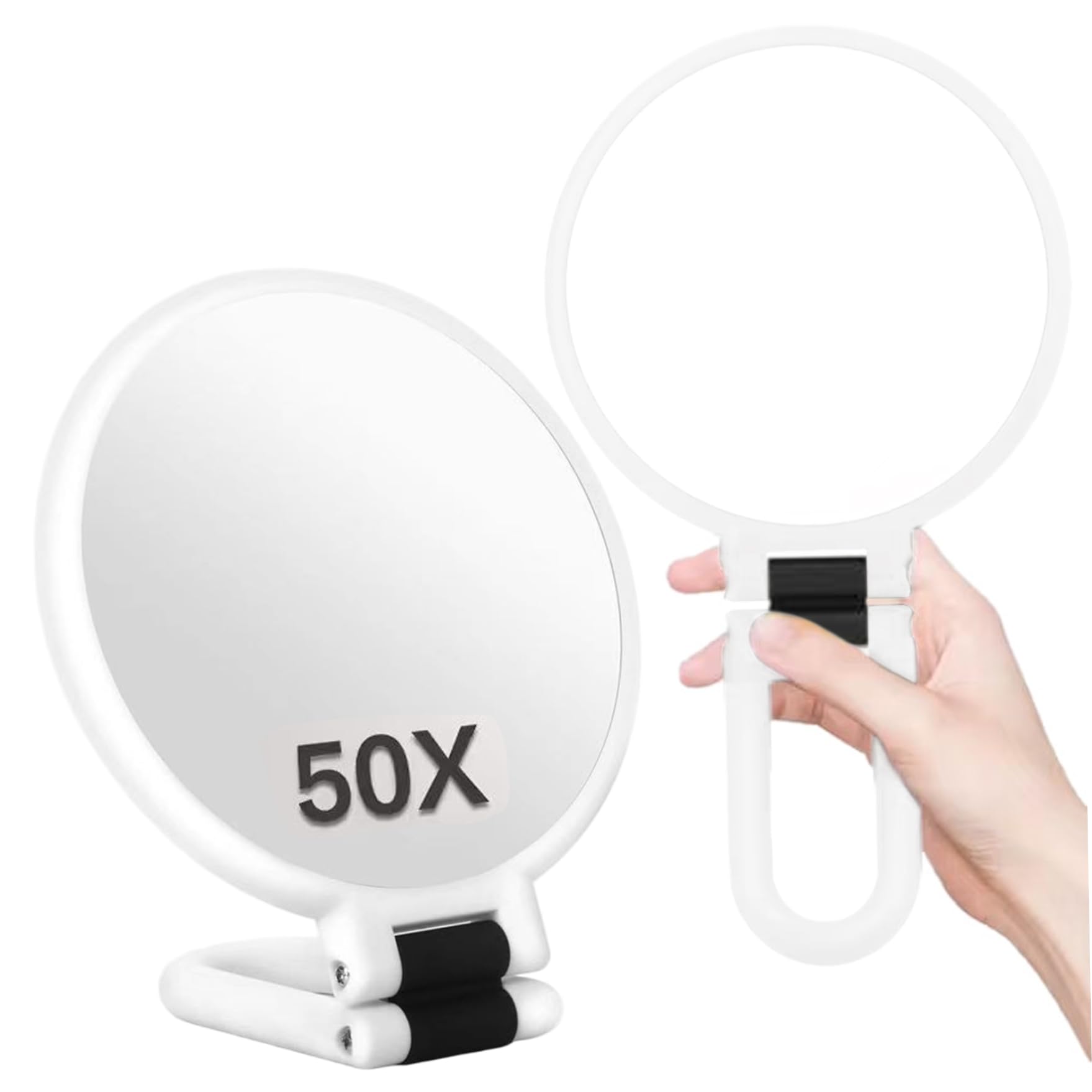 Latemeia 50X Magnifying Mirror, Double-Sided Magnifying Makeup Mirror with 360° Adjustable Handle, Handheld/Wall Mount/Tabletop Design for Makeup, White, Decoración al aire libre