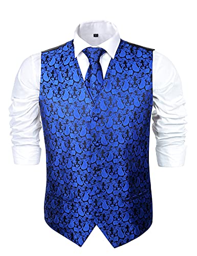Alizeal Mens 5Pc V-Neck Sleeveless Suit Vest, Pre-Tied Bow Tie, 9Cm Necktie, Cufflinks And Handkerchief Set, Royal Blue-L #TOP2