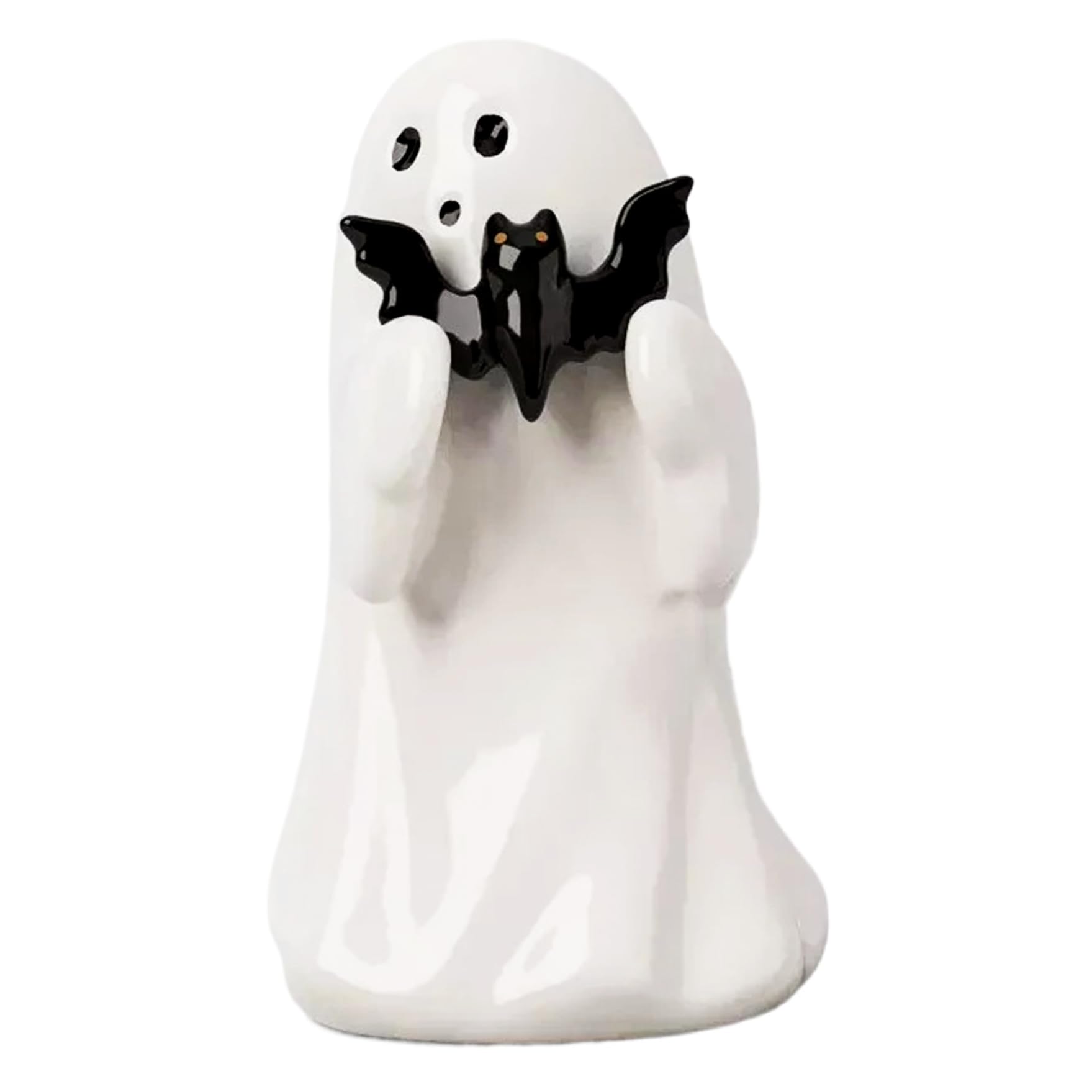 Hperu Halloween Ghost 3.94" Resin Ghost Decor Ornament, Halloween Home Standing Decor, White Spooky Cute Holding Bat for Home Indoor Shelf Table