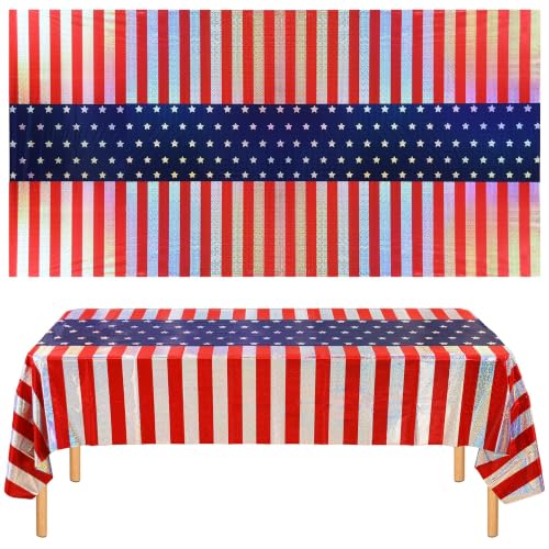 3pcs Iridescent Patriotic Tablecloths Decorations for USA 250 Anniversary, 4th of July - Holographic Laser American Flag Tablecover 9FT, Sparkling Patriotic Party Supplies for Kids Birthday Party