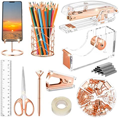 Aibocn Rose Gold Desk Accessories, Office Supplies, Acrylic Stapler, Staple Remover, Tape Holder, Pen Holder, 1000pcs Staples, Diamond Pen, Phone Holder, Scissors, Binder Clips, Ruler,Transparent Glue