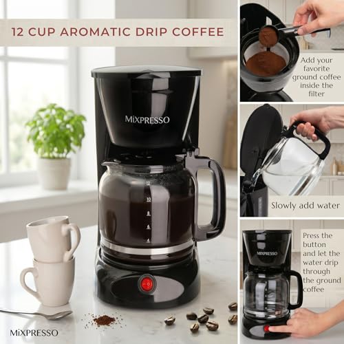 Image of Mixpresso 12 Cup Coffee Pot, Auto-Off & Reusable Filter, Large Drip Coffee Maker, Borosilicate Glass Carafe, Anti-Drip, Water Window, Easy On /Off Switch, Black Coffee Machine