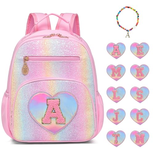 I IHAYNER Glitter Kids Backpack for School Travel & Daycare Cute Pink Backpack with Initial Lightweight Preschool Elementary Backpack for Girls Personalized Gifts for Toddler & Little Girls