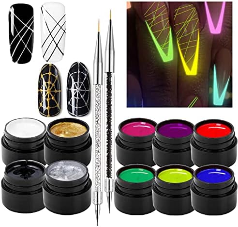 10 Colors Luminous Spider Gel, UV Gel Nail Polish with 2 Nail Art Line Pen Tools DIY Glow in The Dark Nail Art Drawing Gel for Line Neon Fluorescent Effect Manicure Decorations for Party Dance