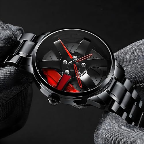 Image of Oculus Men's Racing Rim Design Rolling car Alloy Wheel, 360 Spinning Rotating gyro Dial, Black Stainless Steel Band, Quartz Movement, Red Accents Watch for Boys