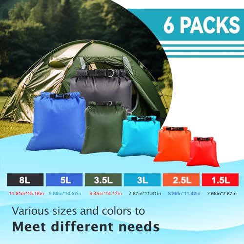Set de 6 bolsas secas impermeables para natación y playa, resistentes al agua, livianas con cierre enrollable, bolsas de tamaños múltiples para deportes acuáticos y esenciales de playa miniatura 6