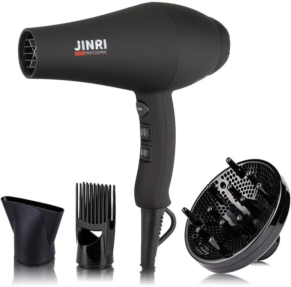 JINRI Hair Dryer, 1875W, 3 Heat & 2 Speed, with Diffuser, with Concentrator, Ionic Technology & Infrared - Black, Detachable Air Intake, Hanging Strap, Non-Foldable, 220V-240V, JINRI-104