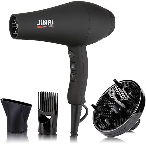JINRI JINRI-104 - Secador de pelo, 1875W, 3 de calor y 2 velocidades, con difusor, con concentrador, tecnología iónica e infrarrojos, negro, entrada