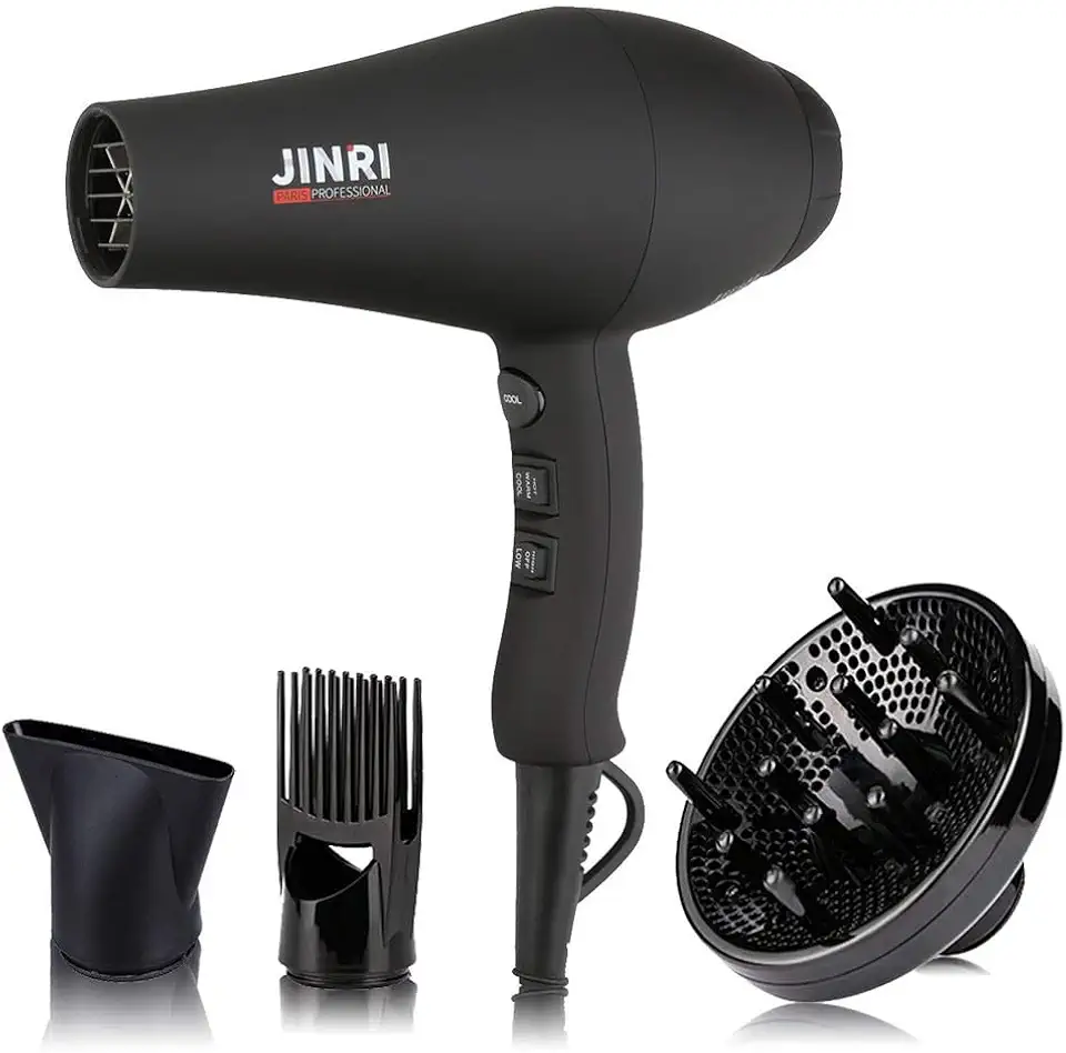 JINRI Hair Dryer, 1875W, 3 Heat & 2 Speed, with Diffuser, with Concentrator, Ionic Technology & Infrared - Black, Detachable Air Intake, Hanging Strap, Non-Foldable, 220V-240V, JINRI-104