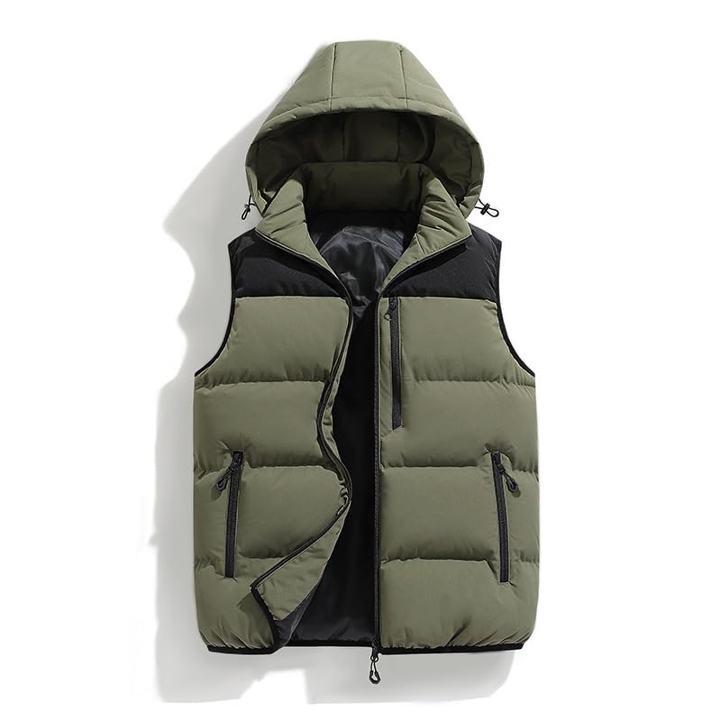 Men's Winter Puffer Vest Removable Hooded Quilted Padded Sleeveless Vest Casual Warm Zip Up Jacket Outerwear(Army Green,M)