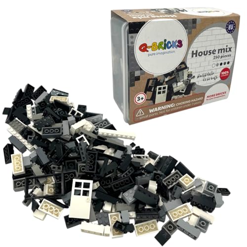 Q-Bricks Boîte de Briques Créatives Classiques – 250 Pièces, 17 Formes (Portes, Fenêtres, Tuiles) – Compatible avec Marques Principales – Idée Cadeau Enfant dès 4 Ans (Couleurs Noir et Blanc)