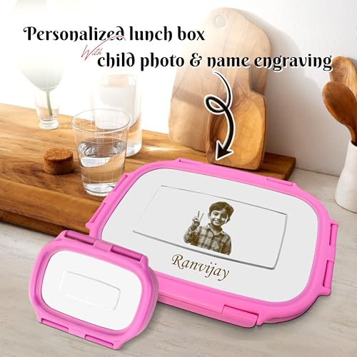 Image of SAVRI Personalized Kids Stainless Steel Lunch Box Pink -Customized Photo & Name Laser Printed Tiffin Box | Leakproof School Snack Storage for Boys & Girls | Birthday Return Gift, Daycare & Picnic Use