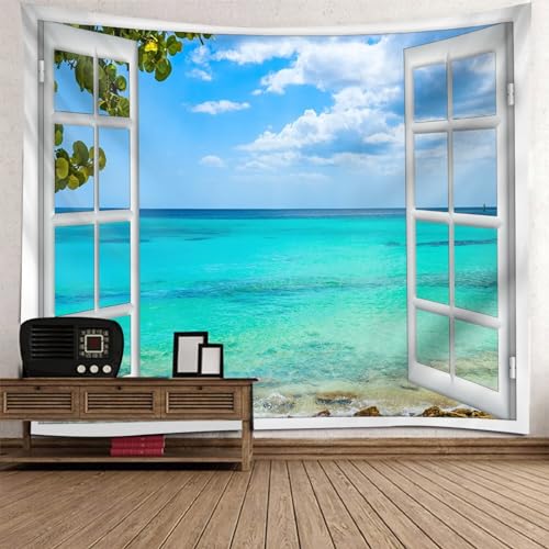 Grand textile mural de qualite paysage ocean fenetre bleu vert - 2