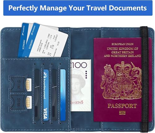 Image of PU Leather Passport Holder Travel Wallet Organiser for Men & Women | 4 Card Slots 2 SIM Slots Money Case | Travel Document Case Cover Passport Pouch Slim Unisex Gift - Blue