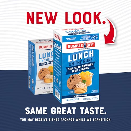 Image of Bumble Bee Lunch On The Run Tuna Salad with Crackers Kit, 8.2 oz - Ready to Eat, Includes Crackers, Cookie & Peaches - Wild Caught Tuna - Shelf Stable & Convenient Source of Protein (Pack of 6), Easy Open Cans
