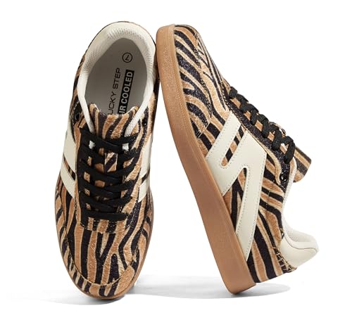 Image of LUCKY STEP Women Classic Retro Gum Sole Fashion Sneakers Casual Tennis Skate Shoe Genuine Leather Walking Footwear Anti Slip Trainers