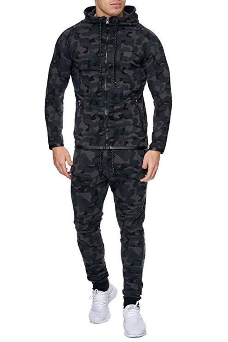 Mens Tracksuit Set Camouflage Hoodie Sweatshirt and Jogger Sweatpants Sports Suit for Jogger Running (Black B, L)