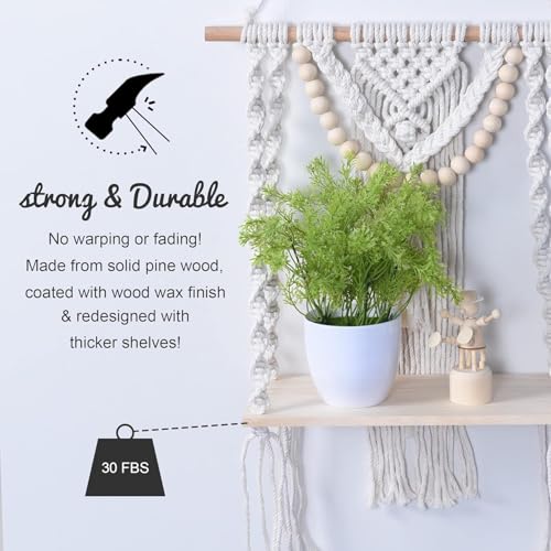 Image of Macrame Wall Hanging Shelf Handmade Floating Boho Decor Shelf Wooden Dowel and Beads with Braided Design for Display Bedroom Living Room Nursery Decor Home Office Shop Gifting Use Pack 1