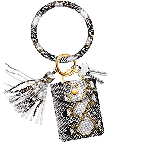 Adorve Wristlet Bracelet Keychain ID Card Holder - Multifunctional Bangle Key Rings Chain Card Purse Credit Card Pocket Tassel for Women Girls, Snakeskin White
