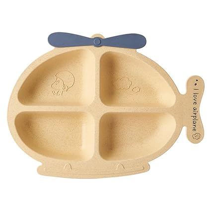 RATAVA 4 Section Aeroplane Shape Baby Section Plates Divided Unbreakable Silicone Baby Weaning Plates for Toddler Kids Children1pc(Multicolor)