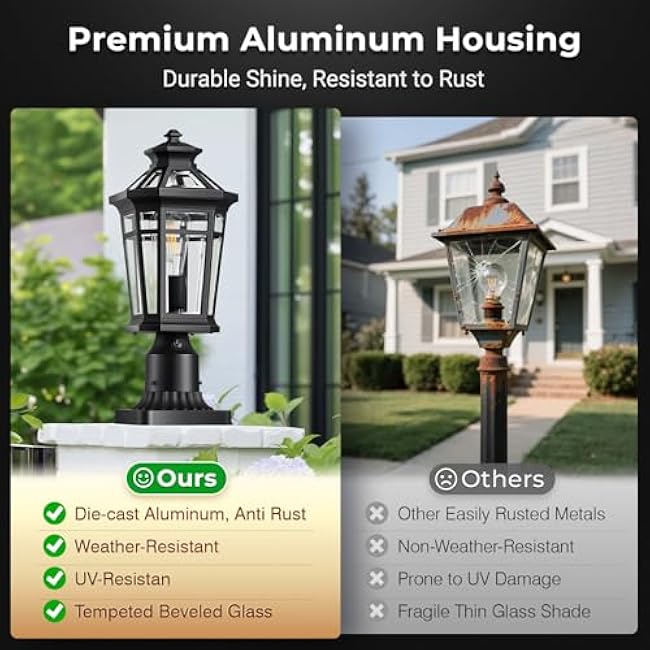 Outdoor Post Lights Hard Wired, 7¡Á17inch Dusk to Dawn Lamp Posts Outdoor Lighting, Black Modern Exterior Lamp Post Light Fixture with Pier Mount Base, Outdoor Pole Lights for Porch, Garden