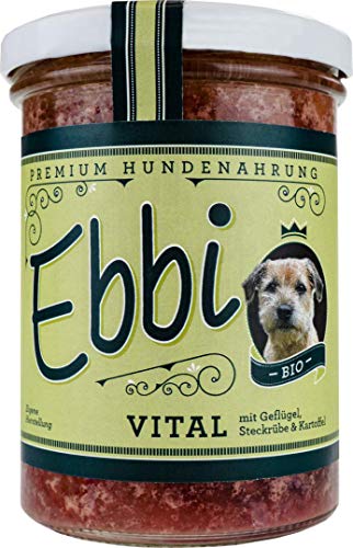 Bio Hundefutter Vital/Ebbi mit Geflügelfleisch, Hähnchenherzen, Steckrüben und Kartoffeln Inhalt: 400g Hundenahrung im wiederverschließbarem Glas (2 x 400g)