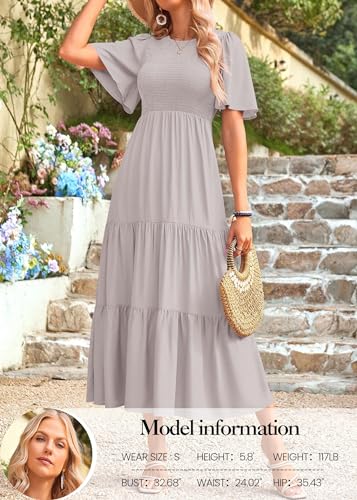 Image of KIRUNDO Summer Dresses for Women 2026 Spring Casual Flutter Short Sleeve Wedding Guest Smocked Flowy Tiered Aline Midi Dress