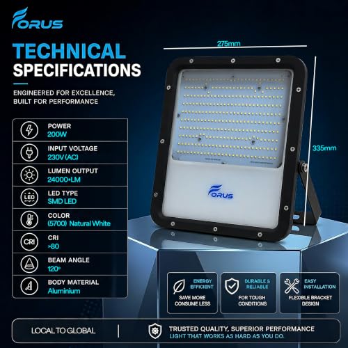 Image of Forus 200W LED Flood Light, IP67 Waterproof Outdoor LED Floodlight, 4-Yr Warranty High Mast Focus Natural White Light, Halogen Replacement for Factory, Garage, Parking, Field, Garden, Shop (1 PC)