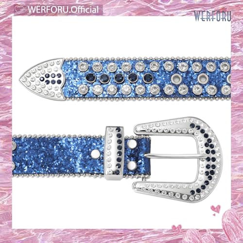 Image of WERFORU Women Men Western Rhinestone Studded Leather Belt Unisex Bling Cowgirl Cowboy Waist Belt for Jeans Pants Dress