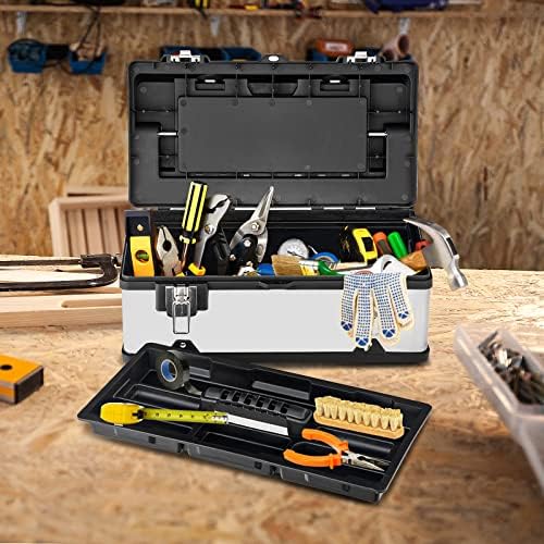 TANGZON 19 Inch Portable Tool Box, 45cm Heavy Duty Stainless Steel Toolbox Case with Removable Tray, Multiple Compartments, Dual Metal Latch & Long Handle, Tool Chest Storage Organizer for Garage Shed