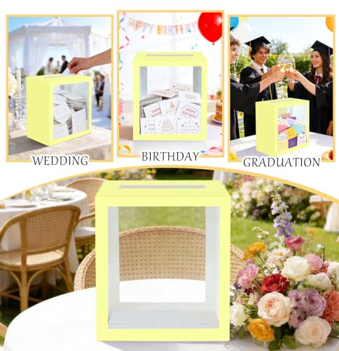 Image of SietDESEO Yellow Card Box for Party with Clear Window Large Gift Card Box Holder for Wedding Reception Birthday Graduation Baby Shower Raffle Ticket Box