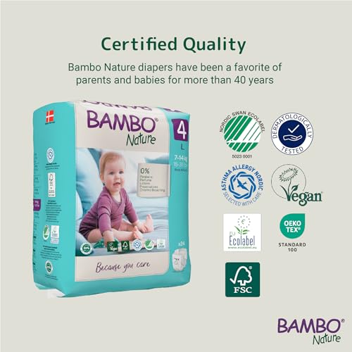 Image of Bambo Nature Premium Baby Tape Diapers for Baby Large Size (7-14 Kgs), Super Absorbent, Breathable, Extra Soft, Dermatologically Tested, Hypoallergenic Nappies With Wetness Indicator, 24 Count