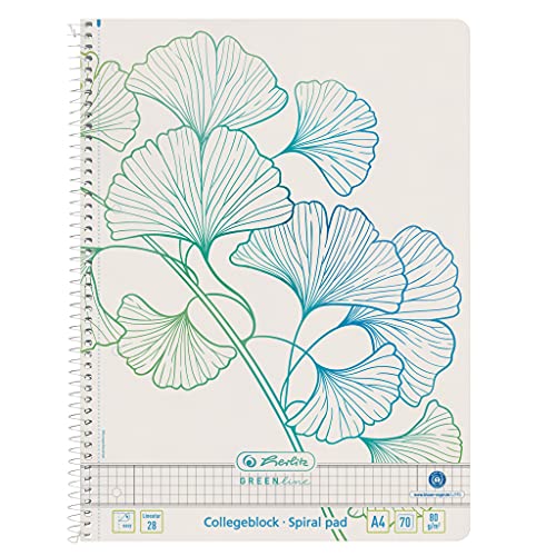 Herlitz Greenline Ginkgo Spiral Pad A4 70 Sheets Squared with 2 Margins Pack of 5 50033485, Motif: Ginkgo, Spiralblock A4 kariert