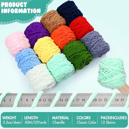 Image of Buryeah Chunky Chenille Yarn for Crocheting Soft Thick Fluffy Yarn for Hand Knitting Bulky Velvet Blanket Plush for Weaving DIY Crafts Each 3.5 oz 55 Yards(Classic Colors,12 Pack)