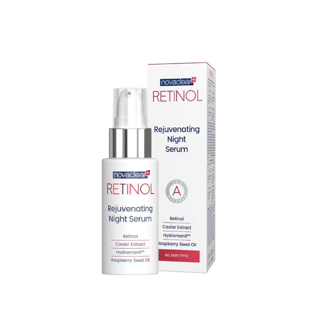 Novaclear RETINOL Rejuvenating Night Serum, Anti-Wrinkle & Anti-Aging Treatment - Visibly Reduces Fine Lines, Skin Firming Serum for Face, with Caviar, Hydromanil and Raspberry seed oil.