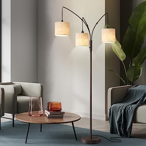 3 Lights Arc Floor Lamps For Living Room, Modern Tall Standing Lamp With Beige Shades & Heavy Base, Mid Century Tree Floor Lamp Multi-Arm Trilage Arched Floor Lamp For Bedroom Lounge Home Office #TOP4