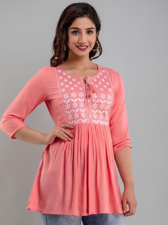 Image of Avayayat Women's Rayon Classic Heavy Embroidery Top with Beautifull Tassels at Front and on Both Sleeves Regular Fit Office Wear Festival Tunic Jeans Summer