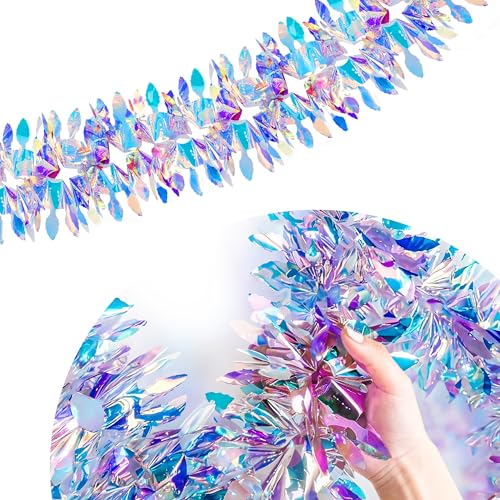 BTSD-home 2 Pack Iridescent Party Decoration Hanging Tinsel Garland Shiny Metallic Foil Reusable Fold-Flat Frozen Themed Party Supplies for Classrooms Bedrooms Pools Windows and Christmas Trees