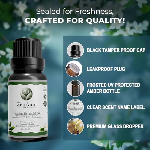 Image of 100% Pure Jasmine Essential Oil | Mood Uplifting & Skin Hydration | Romantic Aromatherapy, Stress Relief & Hair Nourishment | FDA Approved | GMP, IFRA, ISO Certified- 15ml - Pack of 2