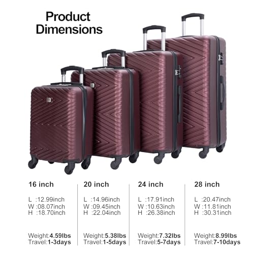Image of Travelhouse 4-Piece Hardside Luggage Set with Spinner Wheels & TSA Lock | Lightweight ABS hardside set: 16 inch personal item + 20 inch carry-on + 24 inch + 28 inch checked