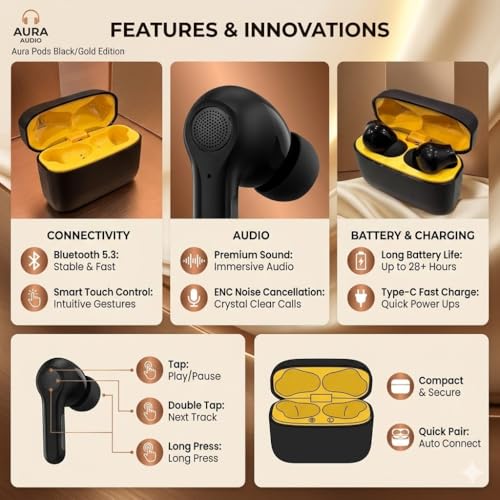 Image of Pods Black Gold Edition Bluetooth 5.3 Wireless Earbuds with ENC Noise Cancellation, 10mm Drivers, 30+ Hours Playtime, Smart Touch Control, Type-C Fast Charging, Deep Bass TWS Earphones (Black)