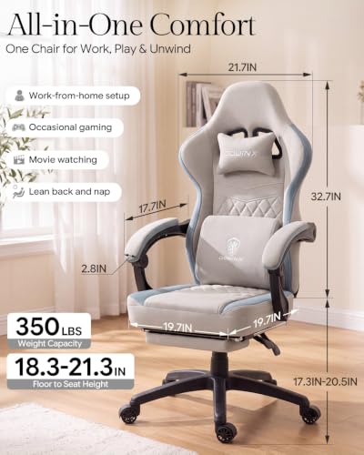 Image of Dowinx Gaming Chair Breathable Fabric Game Chair with Gel Pad and Storage Bag, Comfortable Gamer Chair with Pocket Spring Cushion,Ergonomic Computer Chair with Footrest,Grey